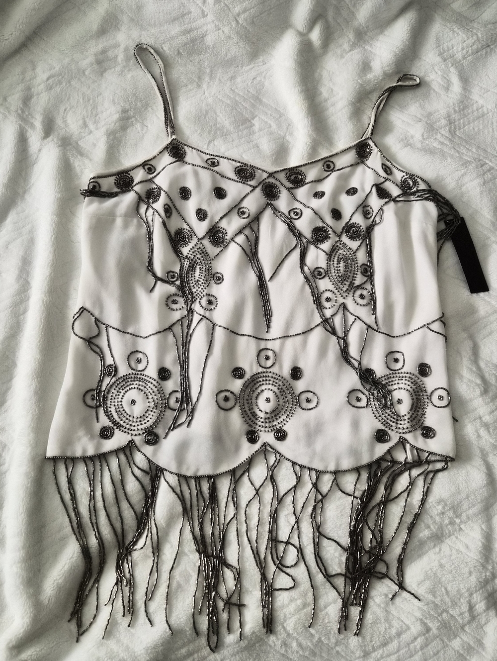 NWT Venus White Tank Top Silver Beaded Fringe White Cami Top Festival Glam